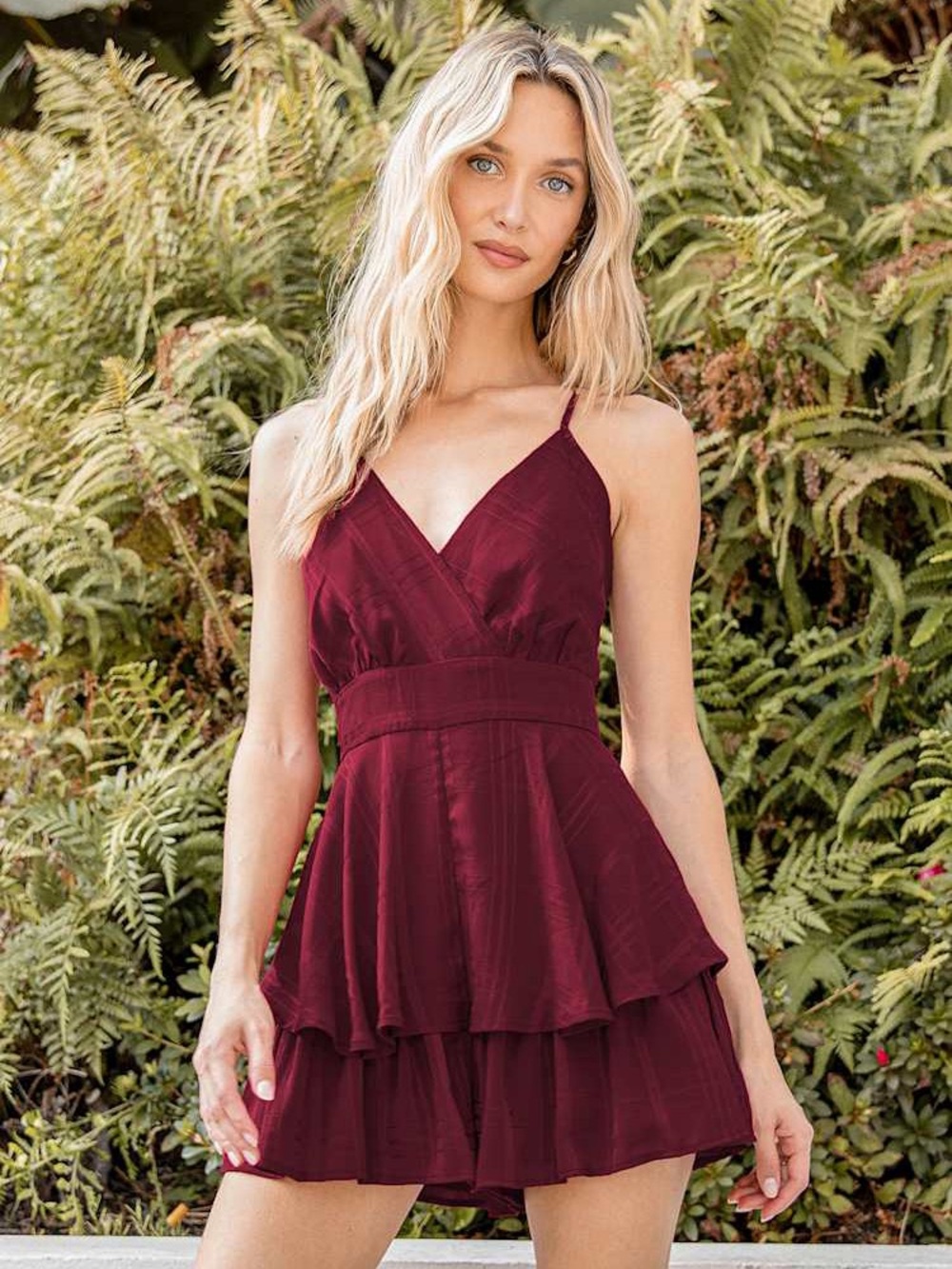 Lulus Wine Red Ruffled Backless Romper Women’s Small